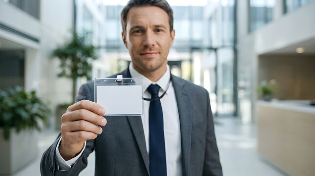 Professional Businessman Holding Blank Identification Card in Modern Office Lobby