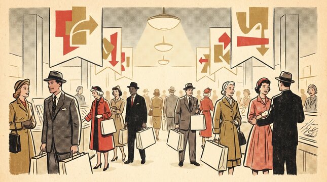 nostalgic shopping experience, a lively mid-century department store bustling with diverse shoppers and vibrant sales