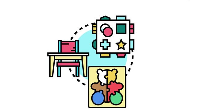 Children are engaging with various toys including a shape sorter and a bear puzzle. Illustrating educational development. Cognitive skills