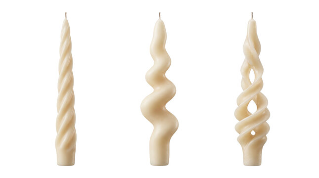 Three decorative cream colored taper candles with twisted, spiral, and wavy sculptural shapes for home decor isolated on a transparent background