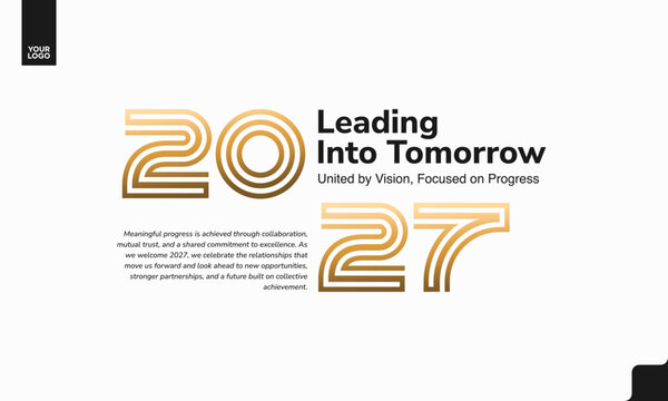 Happy New Year 2027 Gold Outline Typography Banner with Elegant Geometric Design