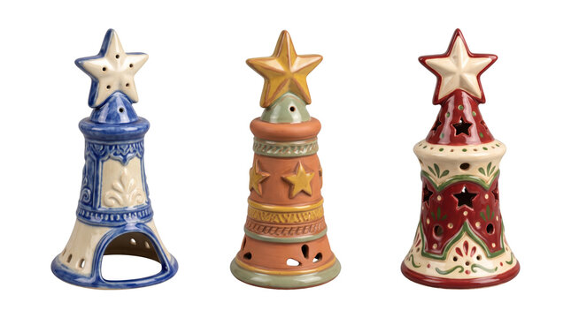 Three decorative ceramic bell ornaments with star toppers in blue, terracotta, and red colors for holiday decor isolated on a transparent background