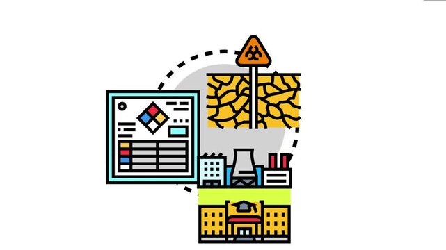Chemical safety risk awareness concept illustrating an information datasheet, industrial buildings, and a biohazard sign emerging from cracked ground, symbolizing environmental contamination