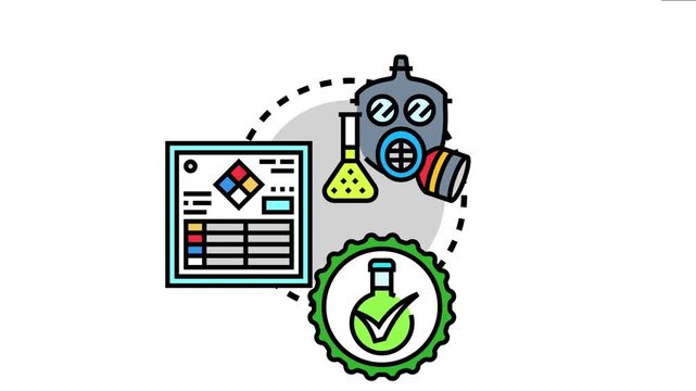 Chemical safety compliance concept presenting a gas mask. Laboratory flask. Safety data sheet. And approved symbol. Illustrating essential elements for handling hazardous materials within regulations