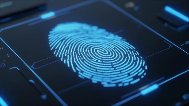 Glowing blue fingerprint pattern appearing on a dark futuristic scanner interface, biometric authentication and cyber security technology concept