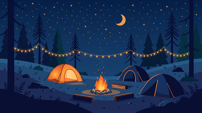 Camping tents illuminated by a campfire at night in a starry forest
