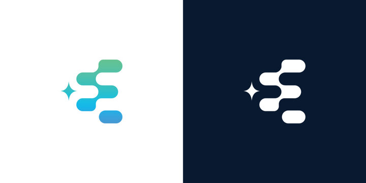 Modern Letter E Technology Logo Design with Abstract Digital Circuit Nodes and Sparkle Star Icon