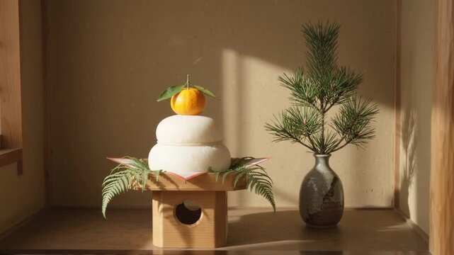 床の間の鏡餅 三方に載せた橙と裏白 松を活けた花瓶 土壁を移ろう朝の光 お正月 ゆっくり寄る