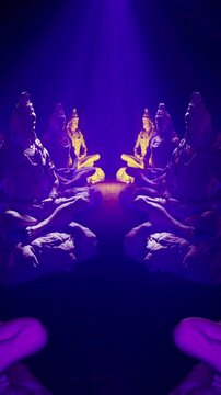 Meditating Statues in Purple and Blue Light Vertical