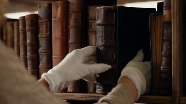 White-gloved hands slide dark hardcover book into place among worn leather-bound volumes on wooden bookshelf, with embossed brown spines and warm light in close-up view