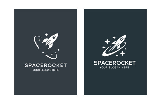 Rocket launch logo design in silver colors with orbital ring and stars for space exploration brand.