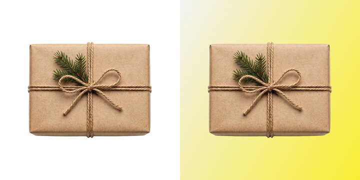 Kraft Paper Gift Box, present wrapped in brown paper with twine bow and pine