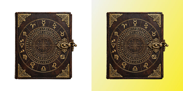 Antique Zodiac Spell Book, leather grimoire with gold astrology wheel symbols and clasp lock