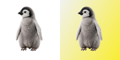 Baby Penguin Chick, fluffy gray emperor penguin chick standing with small flippers down © JKFeloxy