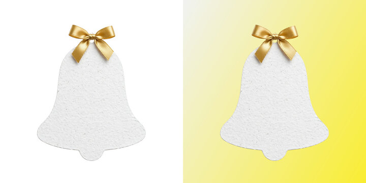 White Glitter Bell Tag, blank bell shaped gift tag with gold ribbon bow top