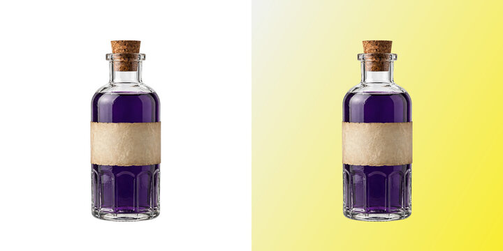 Purple Potion Bottle, glass elixir bottle with cork stopper and blank kraft label