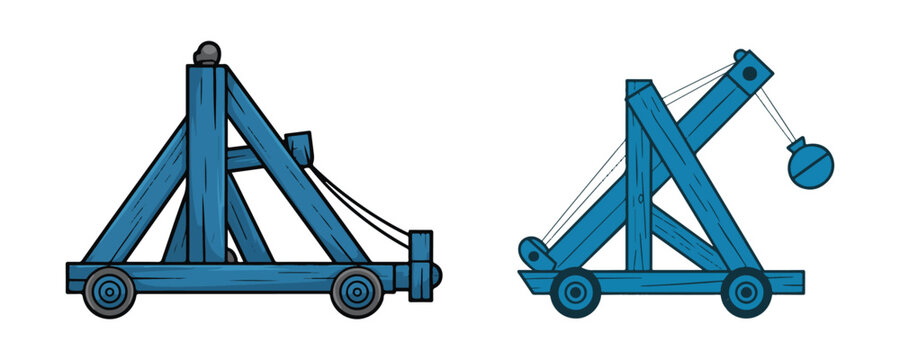 Blue medieval wooden catapult siege weapons isolated for historical simulation game asset design.
