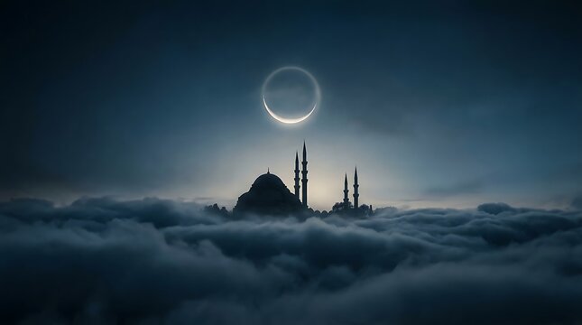A grand mosque dome rising above a sea of thick clouds under a glowing crescent moon with architecture religious spiritual