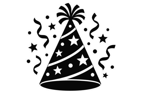 Black Festive Party Hat with Confetti for New Year Celebration Isolated on White