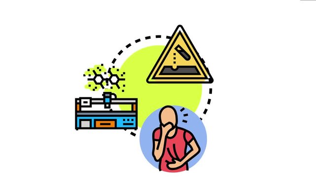 Chemical danger precaution concept illustration showing a warning sign, molecular structure, a lab setup, and a person experiencing discomfort, representing occupational hazards and safety