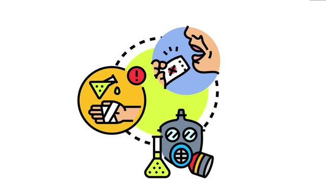 Chemical danger precaution concept showing accidental poisoning, skin burn, and using protective equipment like a gas mask in a laboratory setting