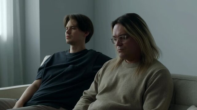 Two adults sit side by side on beige sofa beside curtained window, looking offscreen as person wearing clear glasses lowers their gaze in softly lit room with gray walls and muted colors