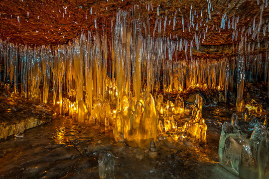 This image captures the unique ice decoration in the Cave of the Fairies in the Kyjov Valley in the Bohemian Switzerland National Park