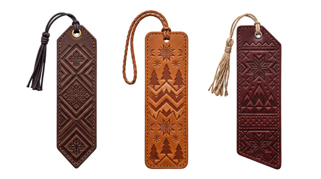 Three rectangular leather bookmarks with embossed geometric and nature patterns and attached tassels isolated on a transparent background