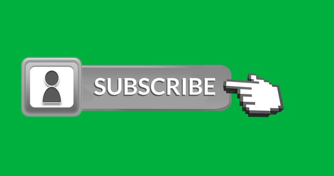 Displaying rounded gray SUBSCRIBE button centered on green field, with avatar icon and pixel cursor