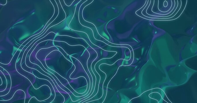 Flowing white contour lines crossing centered iridescent fluid field, with glossy ripples