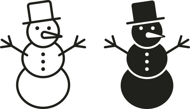 Two vector snowmen icons with outline and solid fill design transparent background