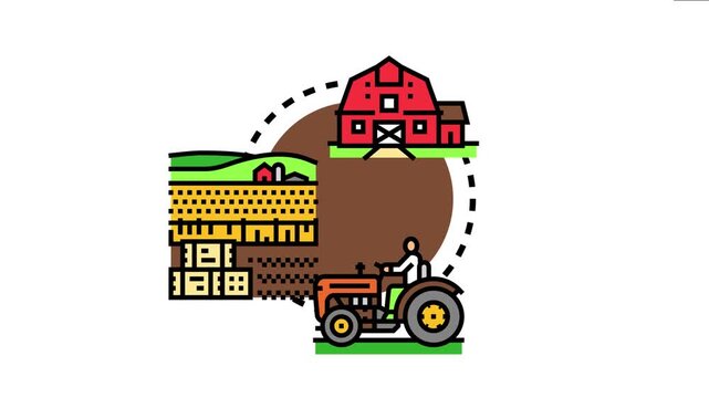 Cheerful farmer driving tractor cultivating land, representing agricultural work, harvesting crops, and a rural lifestyle with a traditional red barn