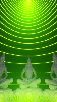 Meditating Statues under Color Changing Neon Arcs Vertical