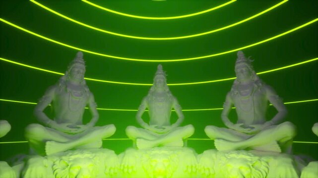 Meditating Statues under Color Changing Neon Arcs