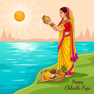 Happy Chhath Puja illustration of woman offering jal arghya from kalash at sunrise river