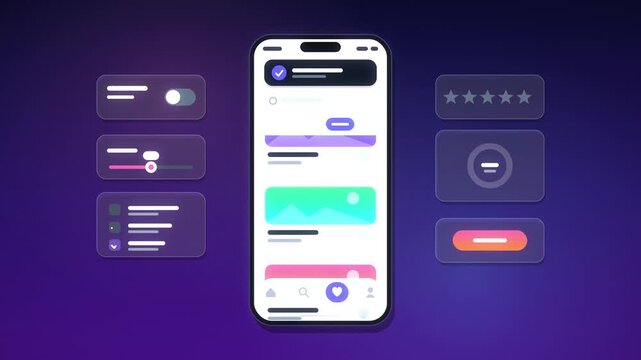 Mobile app interface animation with scrolling cards, like button, tab bar, toast notification and floating UI components