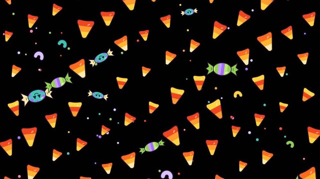 Candy corn streams falling in wavy vertical columns like a waterfall, Halloween flat vector animation with small candies and confetti on transparent background