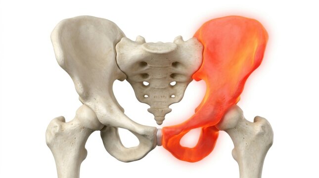  Anatomical pelvis isolated on white, one side of the pelvic bone highlighted red