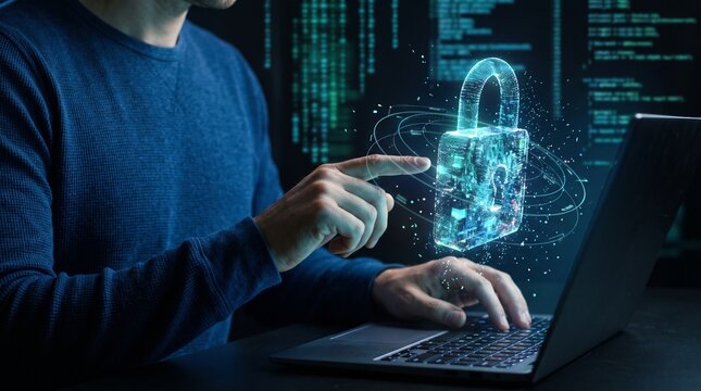 Man pointing at glowing holographic padlock above laptop with code background for cybersecurity and data protection concept