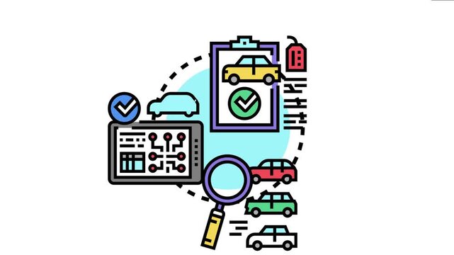Vehicle braking system checking concept illustration showing cars, a checklist with a checkmark, diagnostic tablet, and a magnifying glass for thorough inspection before a road trip