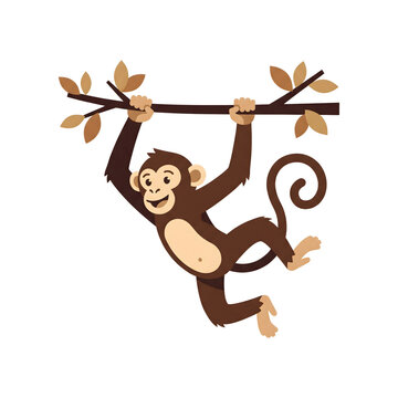 Hanging monkey illustration with branch and leaves on transparent background