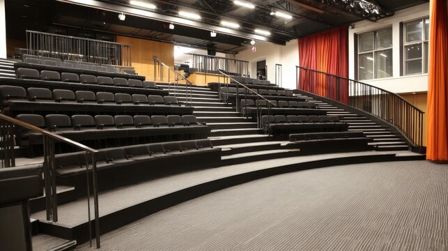 Modern school theatre auditorium with collapsible tiered seating, retractable bleacher chairs, multi purpose educational hall for student performances, school assemblies, drama productions, cultural e