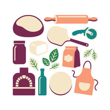 Pizza making objects collection with pizza dough ball and rolling pin