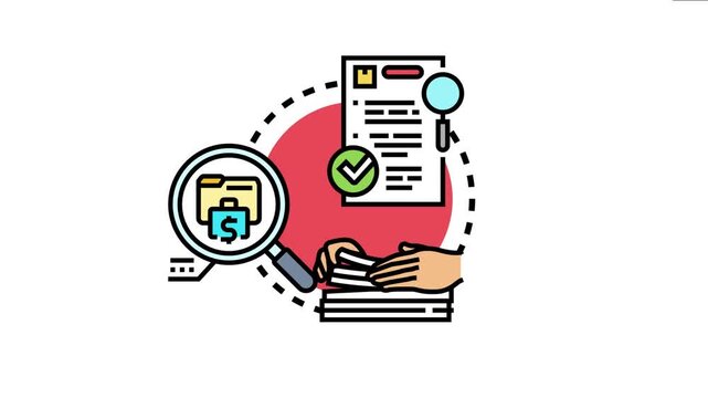Business process illustration depicting a person evaluating a document with a magnifying glass. Examining financial files. And sorting through a stack of papers