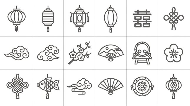 Set of traditional chinese new year symbols in a clean line art style with oriental monochrome celebration festival tradition minimalist