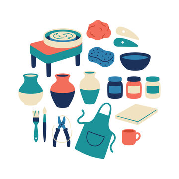 Potter icon set with pottery wheel and clay lump