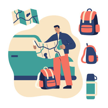 Road trip: traveler unfolds a road map across a car hood with both