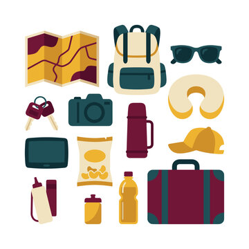 Road trip objects collection with road map and backpack