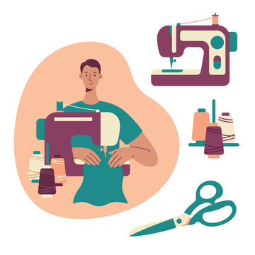Sewing: tailor feeds fabric through a sewing machine with both hands