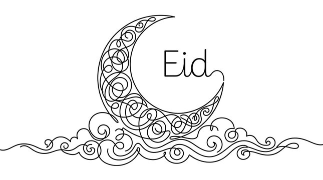 Continuous line art of a crescent moon and clouds with eid text on white background celebration minimalist